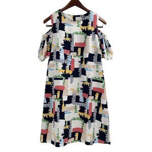 Pinky Otto Linen Blend Geometric Print Cold Shoulder Linen Dress Womens Small